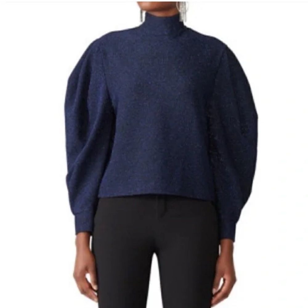PatBo mock neck sweater sparkly lurex navy turtleneck knit top blouson sleeve M